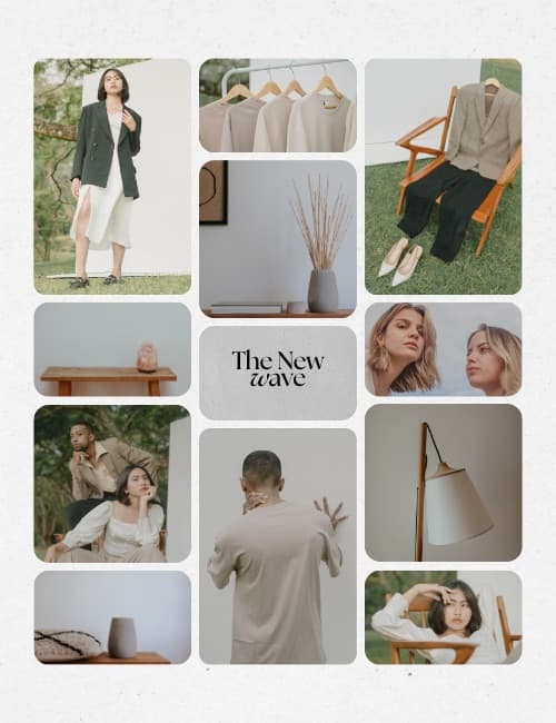 A womenswear range moodboard — rails of blank garments, styling shots and lookbook frames